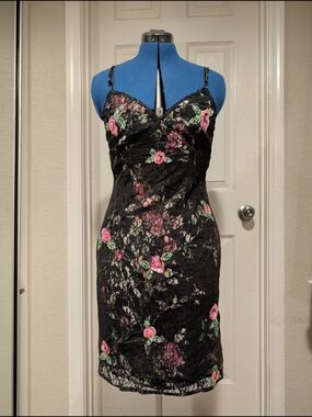 Nicole miller Lace Floral Slip Dress - Black with Pink & Green Embroidery